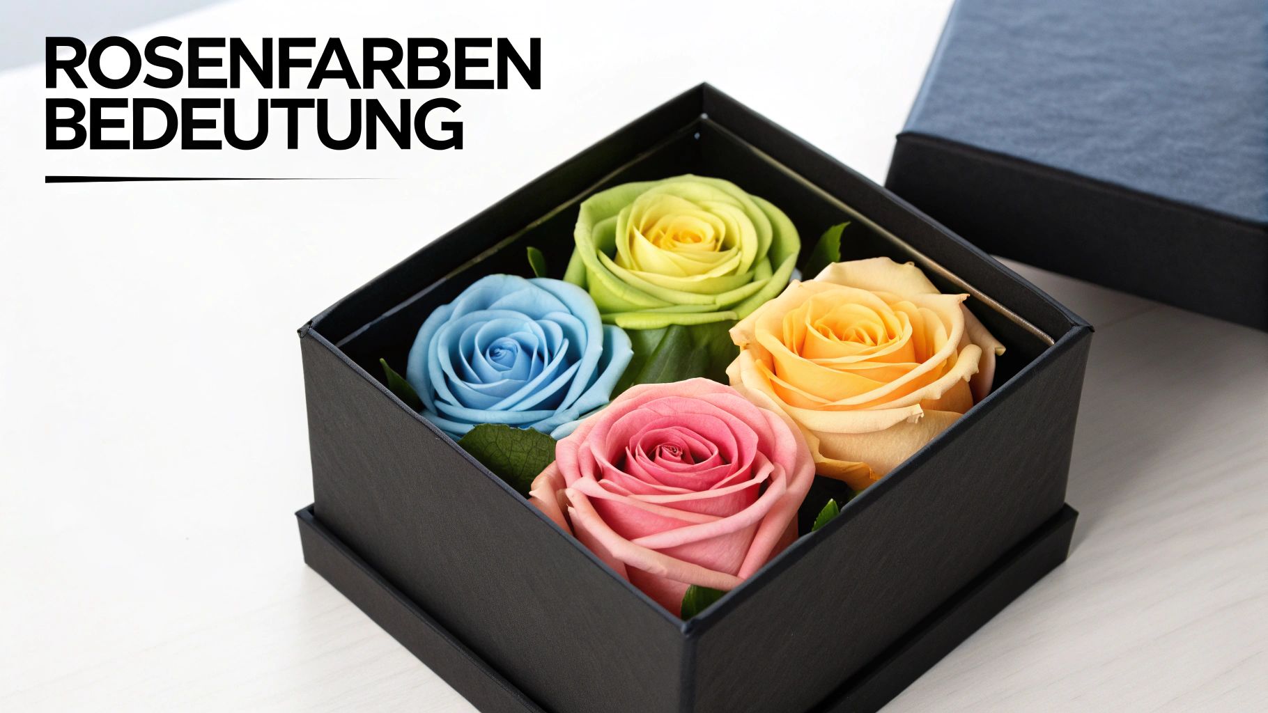Cuatro rosas preservadas de colores (azul, verde, rosa, naranja) en una caja de regalo negra, con el texto "SIGNIFICADO DE LOS COLORES DE LAS ROSAS".