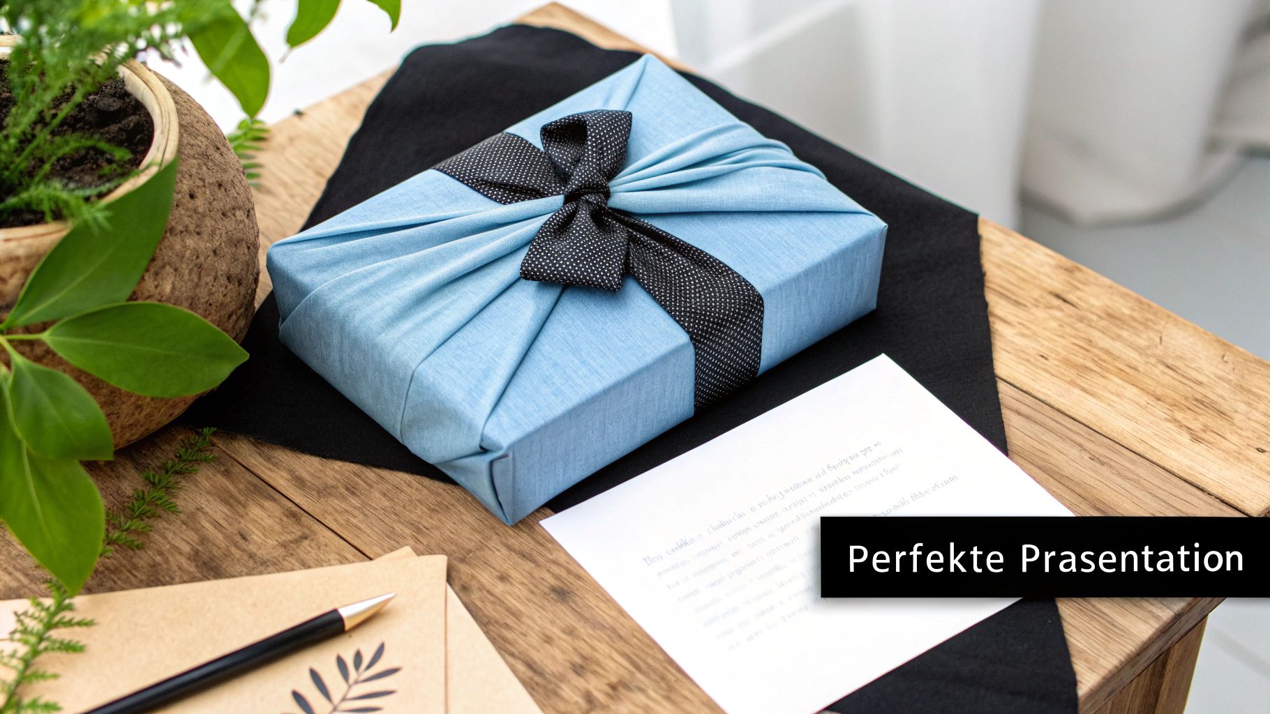 Ein hellblau verpacktes Geschenk mit schwarzer Schleife auf einem Holztisch, daneben eine Pflanze und Notizen.