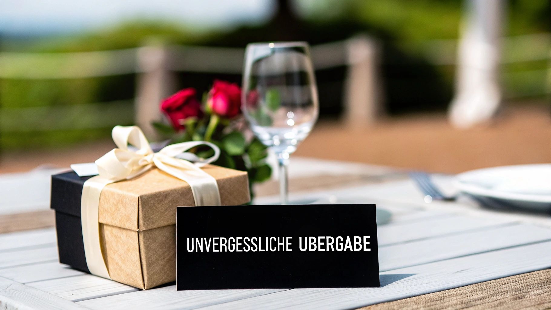 Geschenkbox, rote Rosen und Weinglas auf einem Tisch, mit Karte 'UNVERGESSLICHE UBERGABE'.