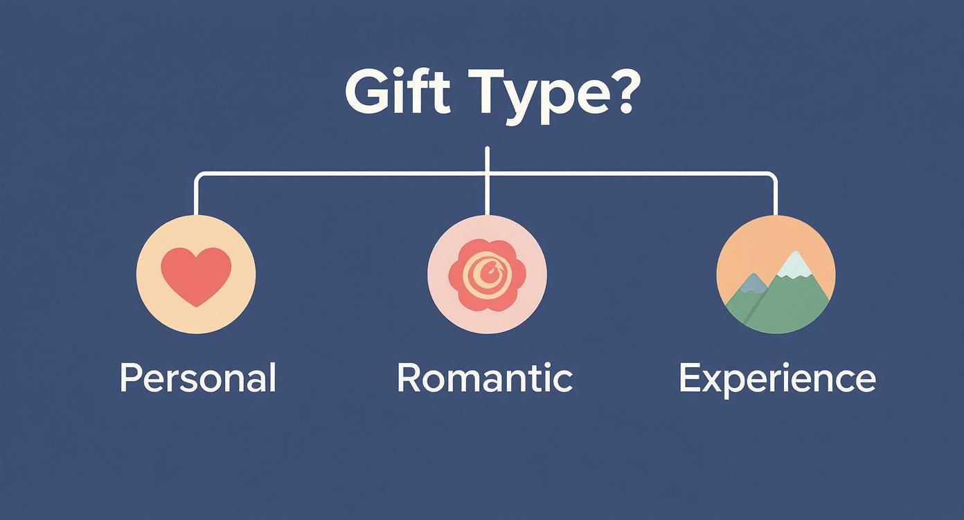 Diagramm zeigt drei Geschenktypen: Persönlich mit Herz, Romantisch mit Rose und Erlebnis mit Bergen.