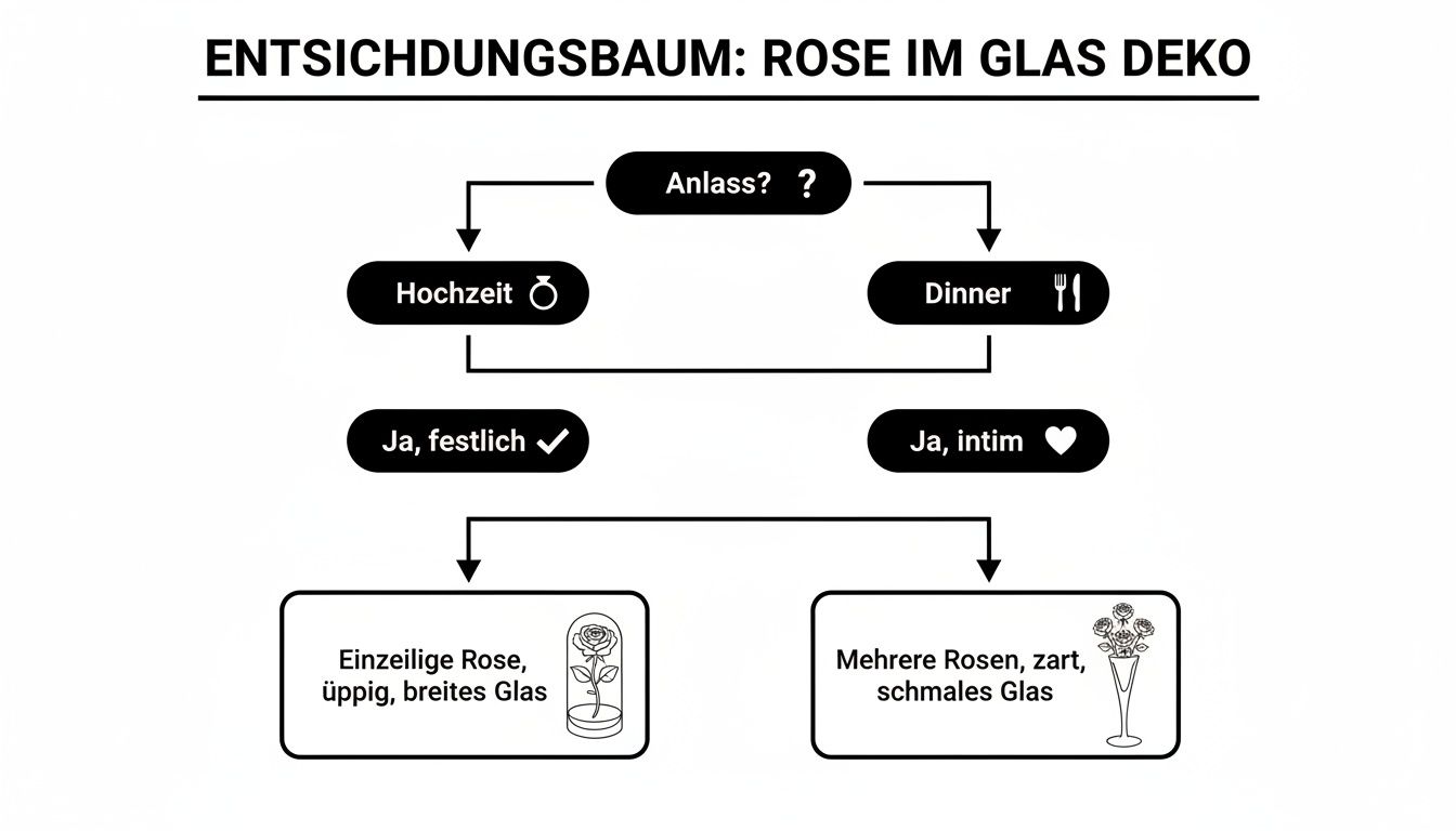 Decision tree for rose decorations in glass based on occasion, such as wedding or dinner, for festive or intimate moods.