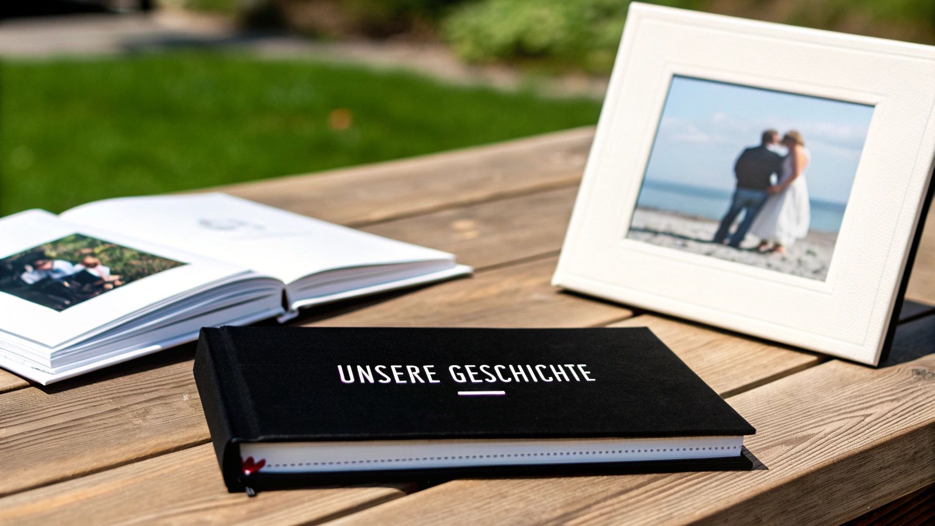Una mesa de madera con un álbum de fotos abierto, un libro negro "Nuestra Historia" y una fotografía enmarcada de una pareja en la playa.