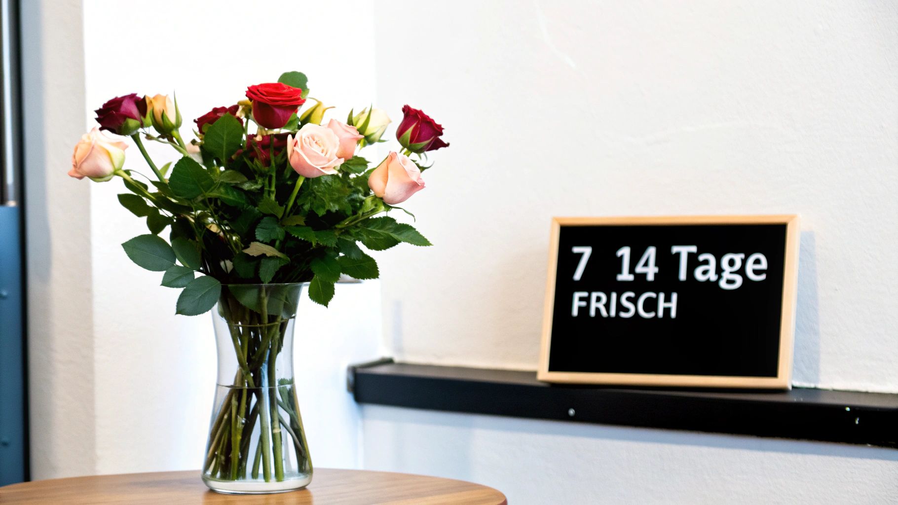 Ein bunter Strauß Rosen in einer Vase auf einem Holztisch mit einem Schild '7 14 Tage FRISCH'.
