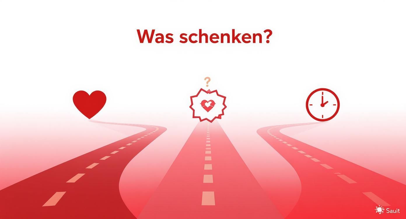 Tres caminos rojos conducen a un corazón, un corazón interrogativo, y un reloj, con la pregunta "¿Qué regalar?".