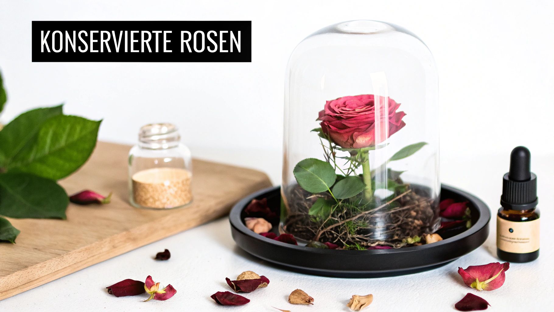 Eine konservierte rote Rose unter einer Glaskuppel auf einem Tablett, umgeben von Blütenblättern und einem Ölfläschchen.