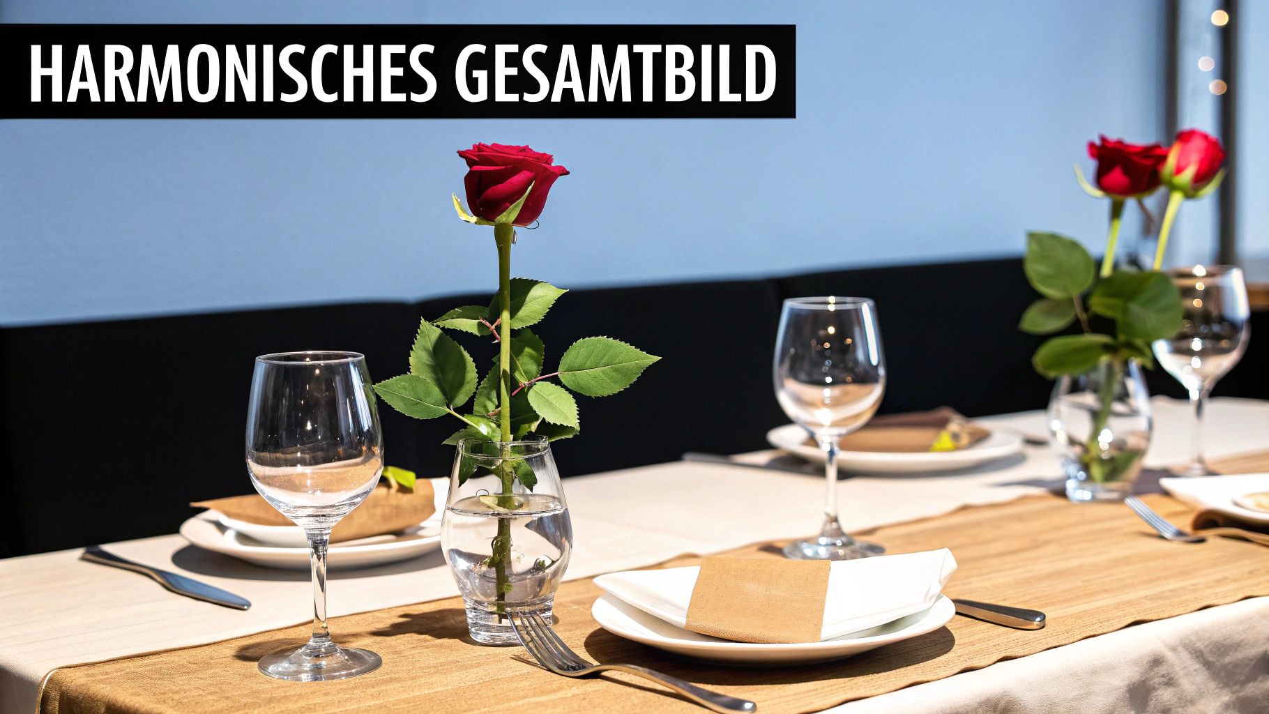 A festively set table with red roses in vases, wine glasses and plates for a harmonious atmosphere.