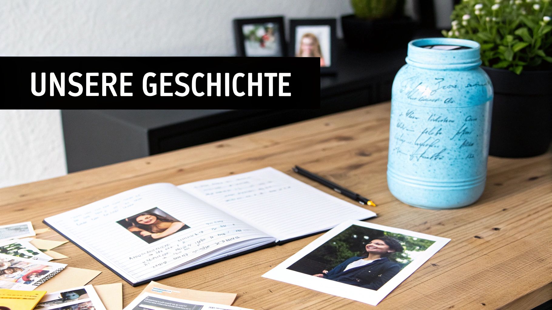 Holztisch mit schwarzem Banner „UNSERE GESCHICHTE“, offenem Notizbuch, Fotos und einer handbeschrifteten blauen Vase.