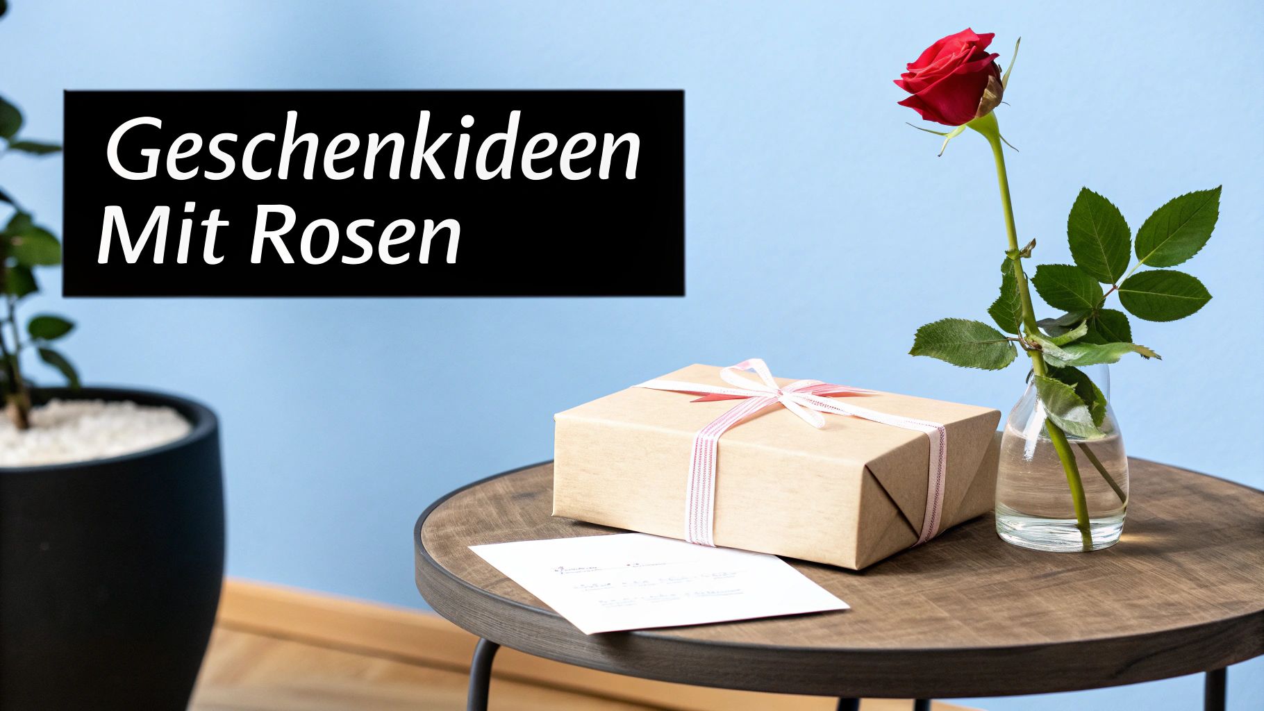Eine Geschenkbox, eine rote Rose in einer Vase und der Text „Geschenkideen Mit Rosen“ auf einem blauen Hintergrund.