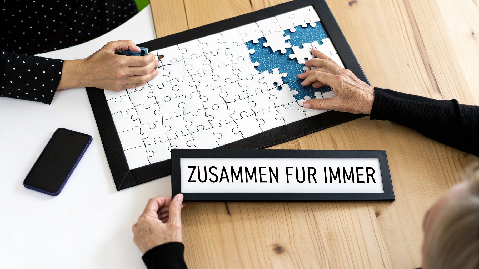 Dos personas de diferentes edades están trabajando juntas en un rompecabezas sobre una mesa de madera, al lado de un cartel que dice 'JUNTOS PARA SIEMPRE'.