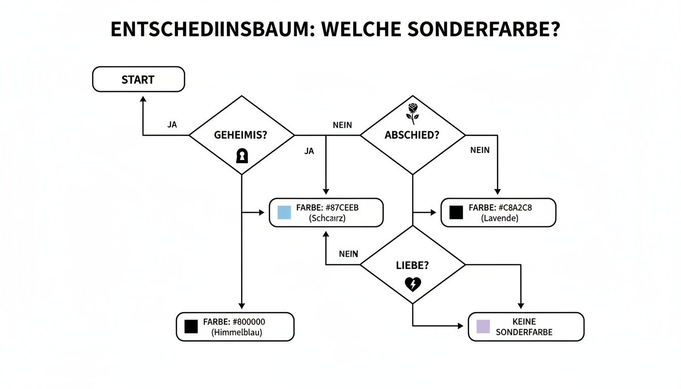Un árbol de decisiones que conduce a diferentes colores especiales en función de preguntas como el misterio, la despedida y el amor.