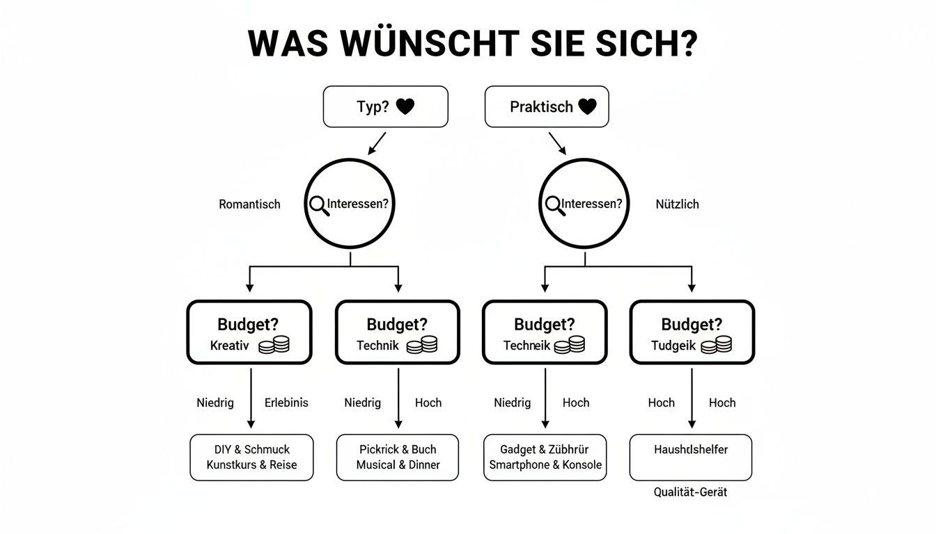 Flussdiagramm zur Geschenkeauswahl basierend auf Typ, Interessen und Budget für die Partnerin.