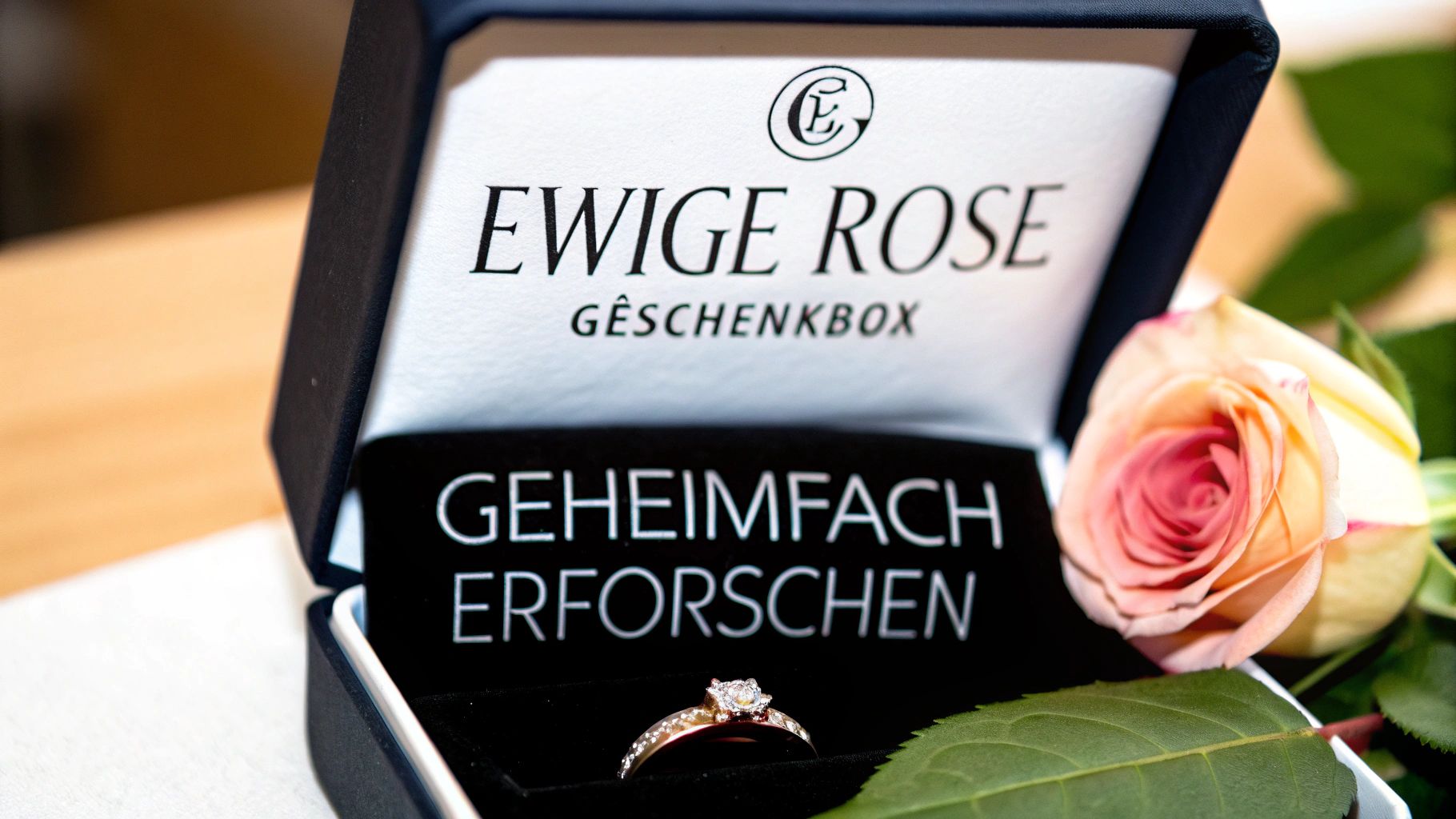 Offene Ewige Rose Geschenkbox mit einem funkelnden Diamantring und einer eleganten Pfirsichrose daneben.