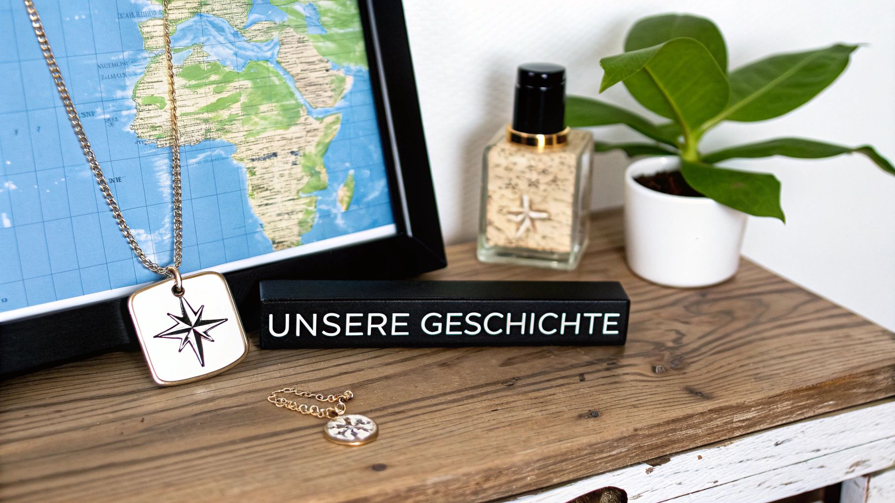 Eine Holzfläche mit gerahmter Weltkarte, Kompasskette, kleiner Pflanze und einem Block "UNSERE GESCHICHTE" als Geschenk.