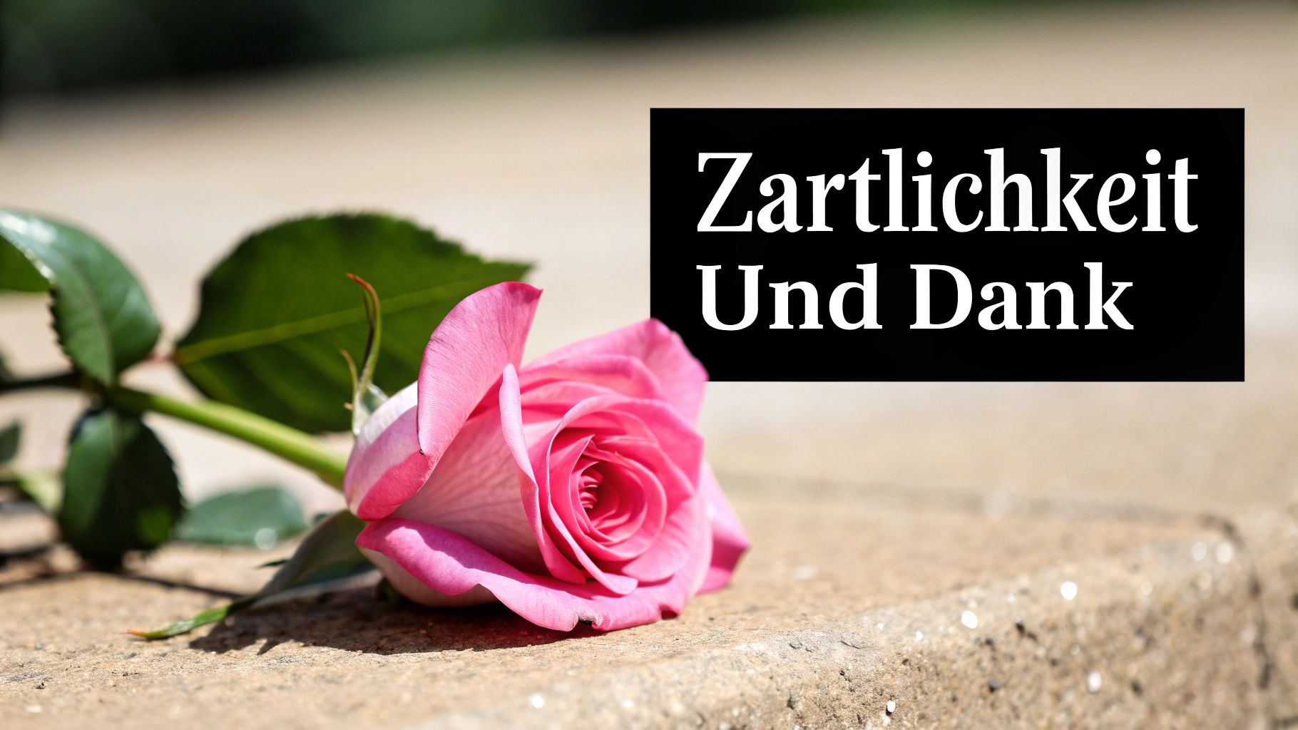 Eine liegende rosa Rose auf einer Steinstufe mit einem schwarzen Feld, das den Text "Zärtlichkeit Und Dank" enthält.