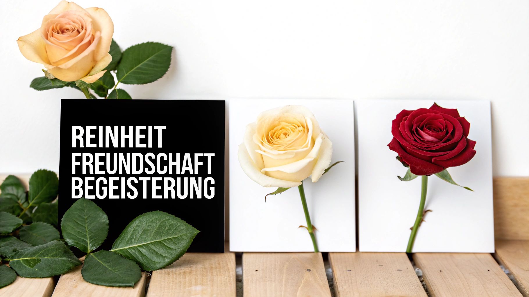 Tres rosas en tonos melocotón, amarillo y rojo, junto a ellas un cartel con las palabras 'PUREZA, AMISTAD, ENTUSIASMO'.