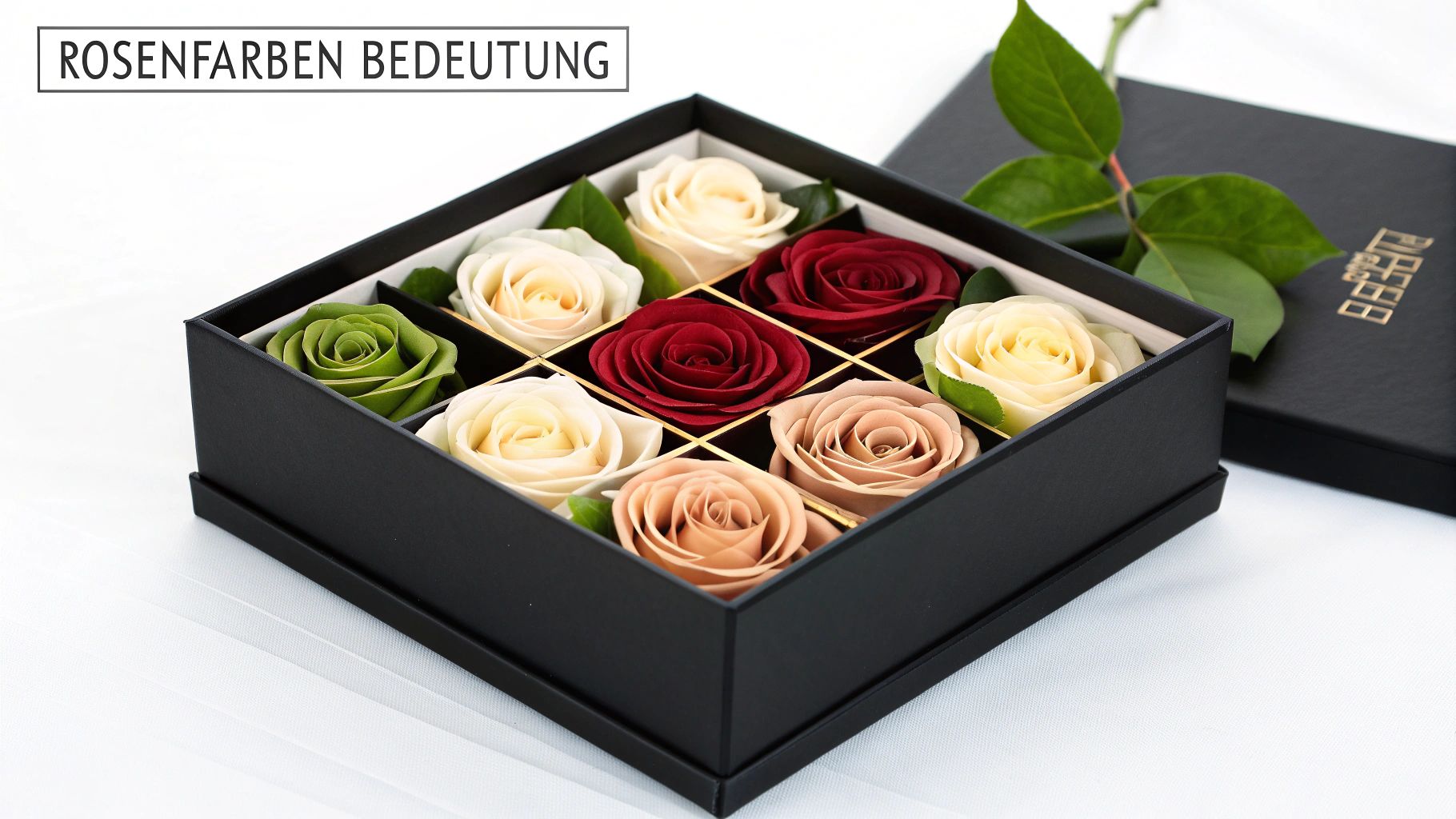 Schwarze Geschenkbox mit neun Rosen in verschiedenen Farben wie Rot, Creme, Grün und Nude, passend zur Rosenfarben Bedeutung.