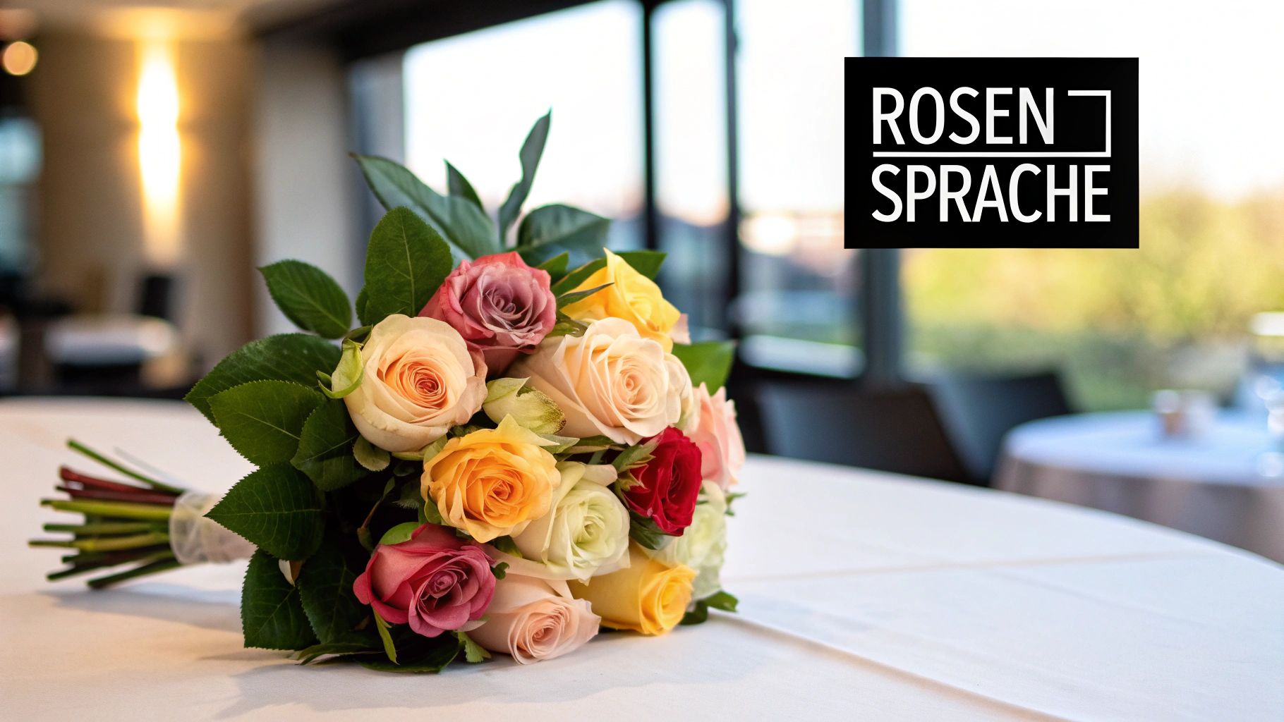 Un colorido ramo de rosas en varios colores sobre una mesa blanca, con el texto 'ROSEN SPRACHE' en la imagen.