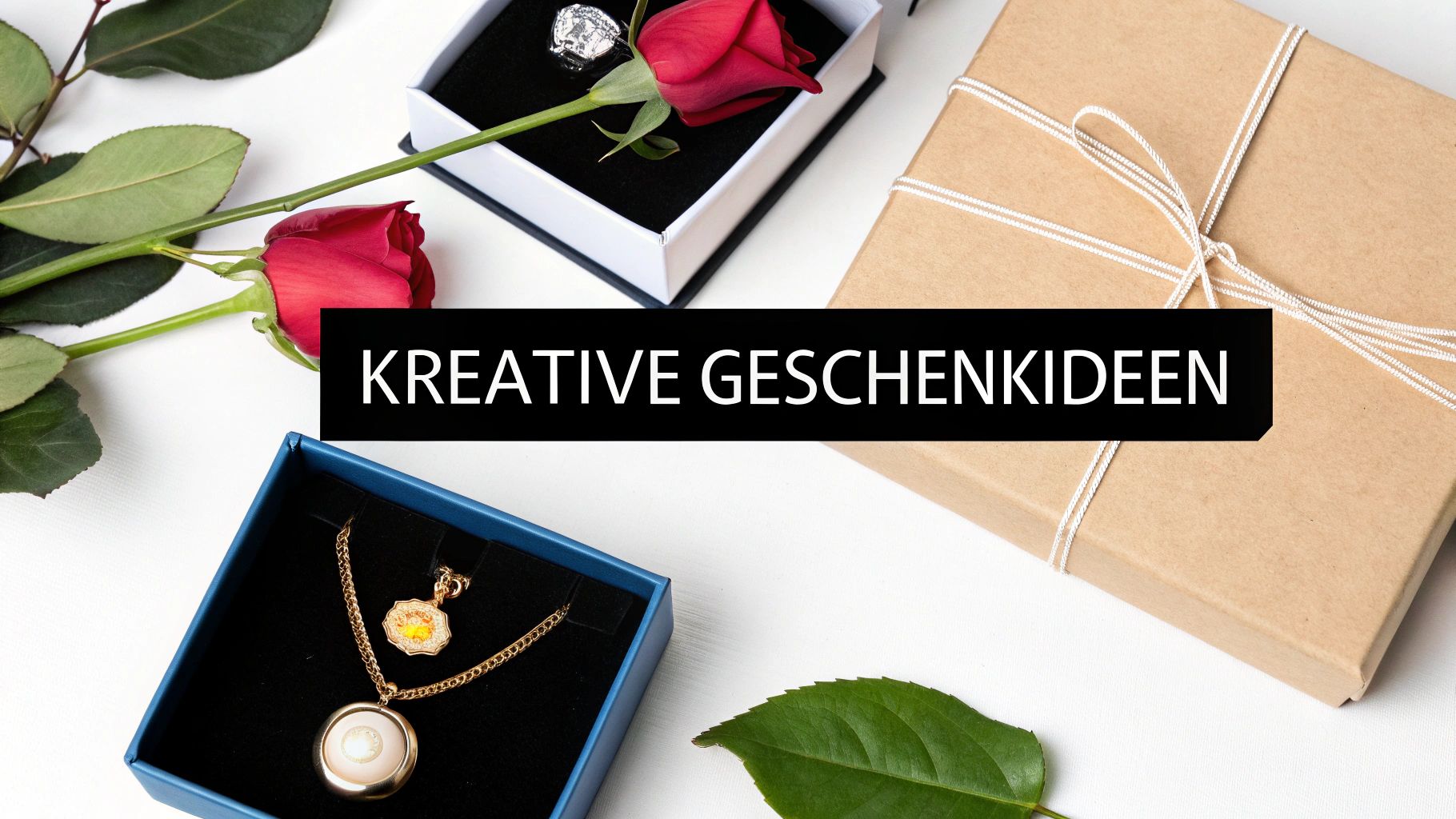 Kreative Geschenkideen mit Schmuck, Rosen und verpackten Geschenken für Frauen, ansprechend präsentiert auf weißem Untergrund.