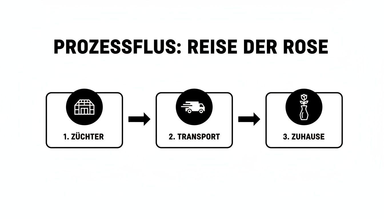 Ein Ablaufdiagramm zeigt die Reise einer Rose vom Züchter über den Transport bis nach Hause.