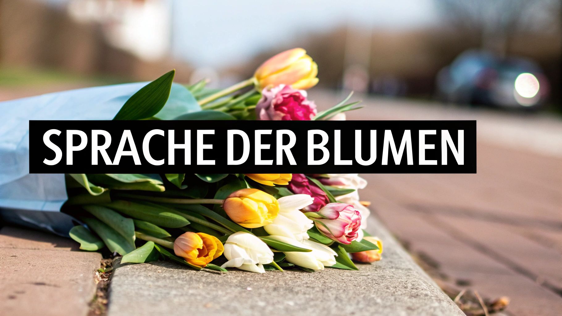 Un colorido ramo de tulipanes en amarillo, blanco y rosa yace sobre un bordillo de piedra. Sobre él se lee "LENGUAJE DE LAS FLORES".
