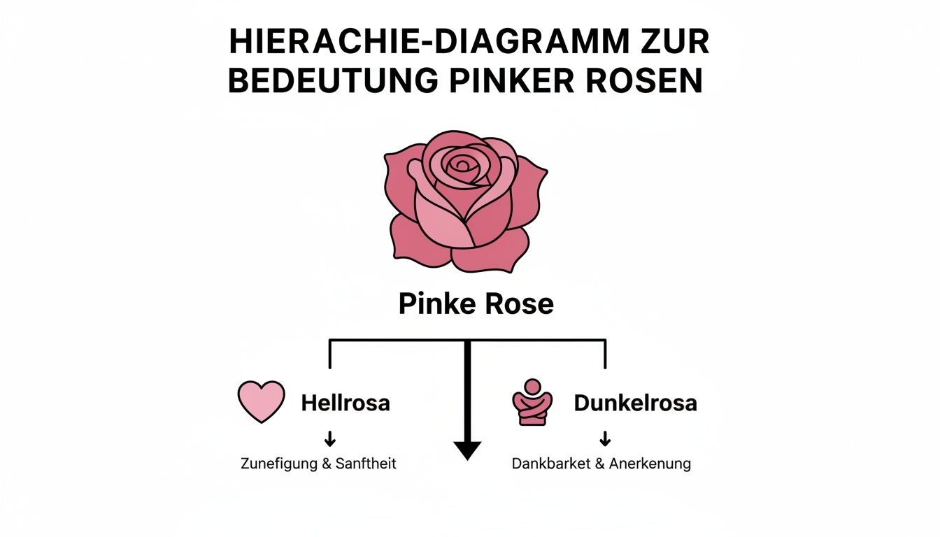 Hierarchy diagram illustrating the meaning of pink roses. Light pink symbolizes affection, dark pink represents gratitude.