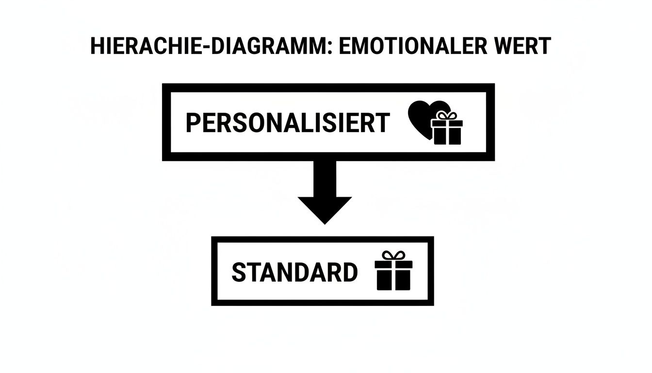 Hierarchie-Diagramm zum emotionalen Wert, das personalisierte Geschenke mit Herzsymbol über Standardgeschenke mit Geschenkbox stellt.