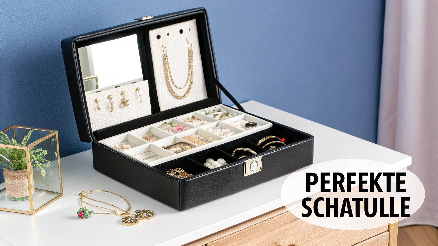 Schwarze Schmuckschatulle auf weißem Tisch mit verschiedenen Schmuckstücken wie Ohrringen und Ketten.