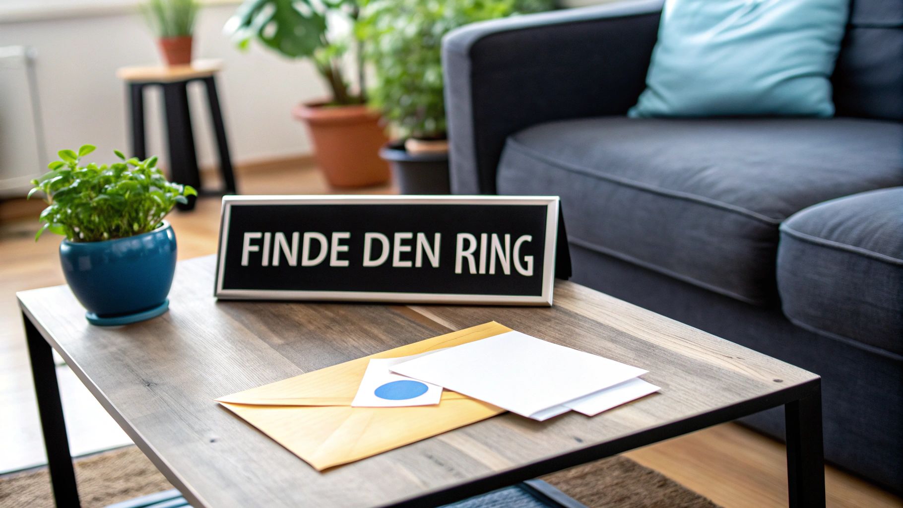 Cartel con 'ENCUENTRA EL ANILLO' en la mesa de café junto a un sobre y una planta en la sala de estar.