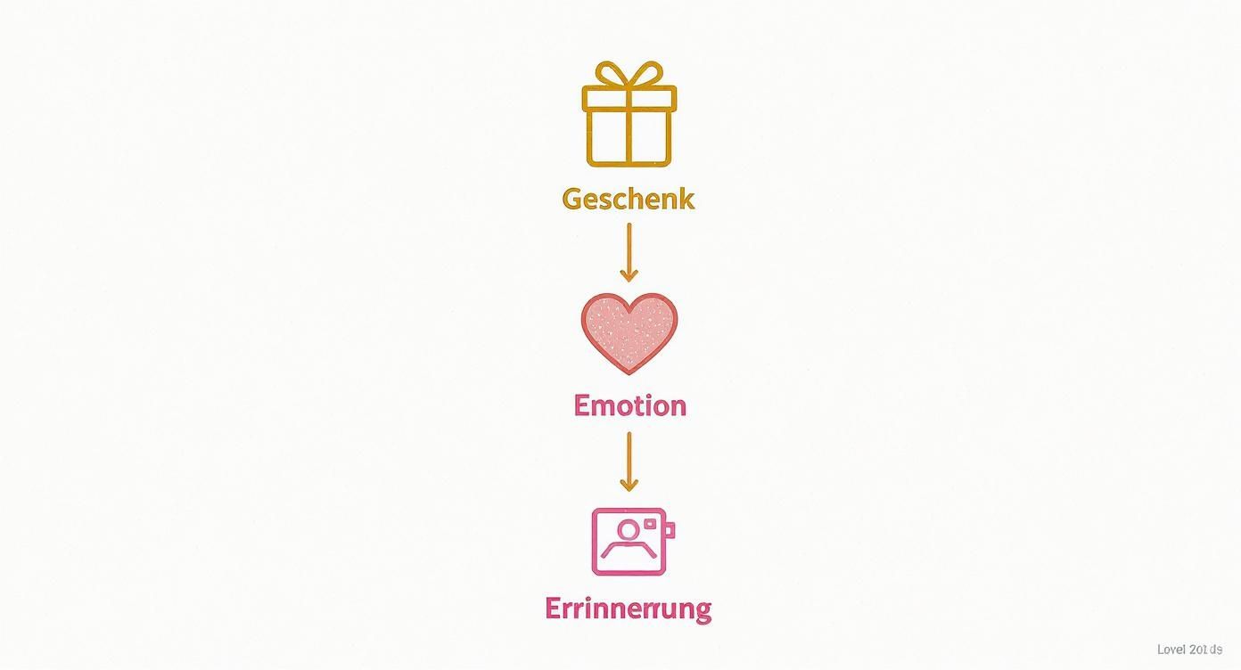 Diagramm zeigt den Weg von einem Geschenk über Emotionen zu einer bleibenden Erinnerung.