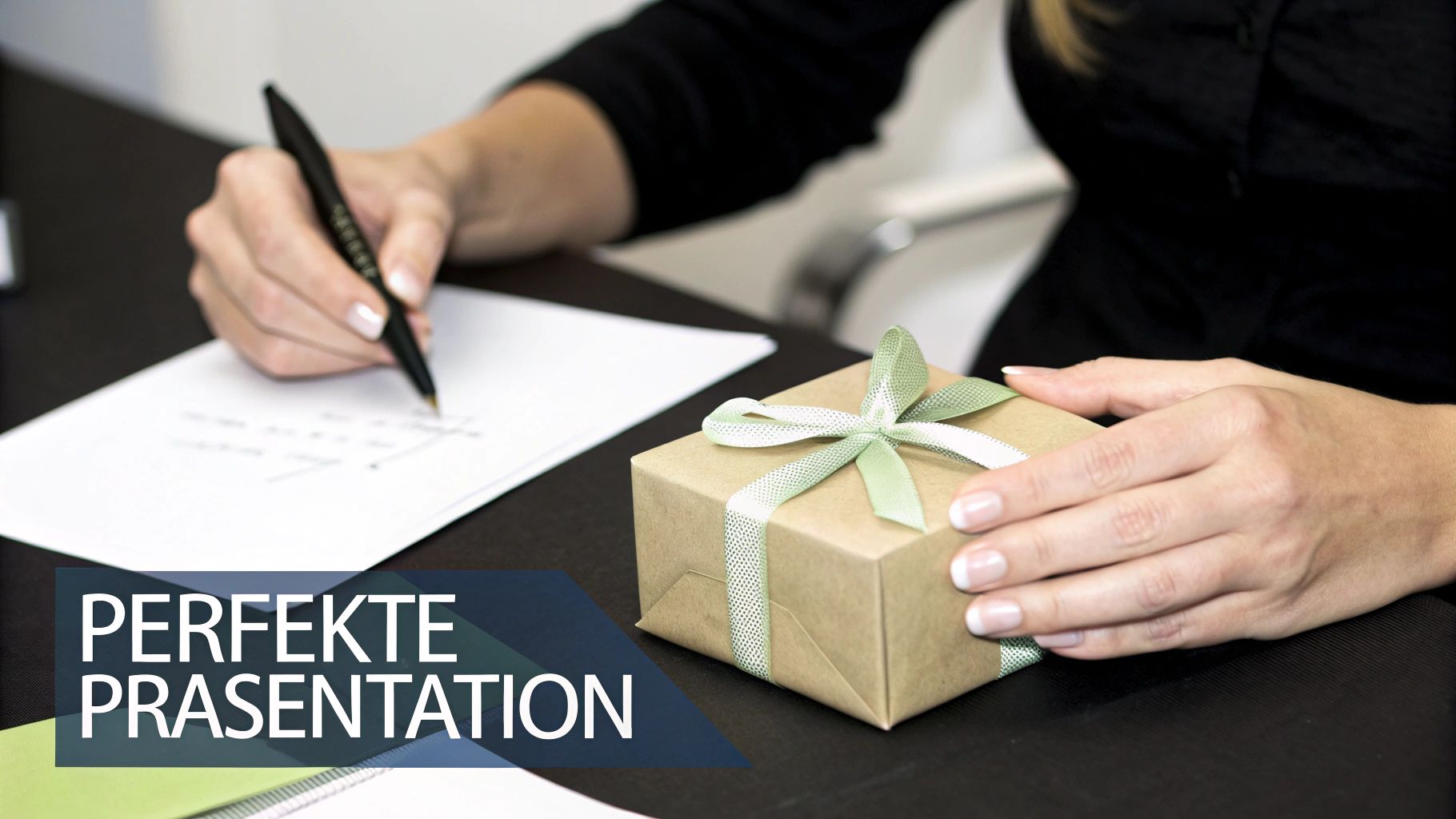 Una persona escribe en un papel con un bolígrafo; junto a ella hay un regalo marrón con una cinta verde.