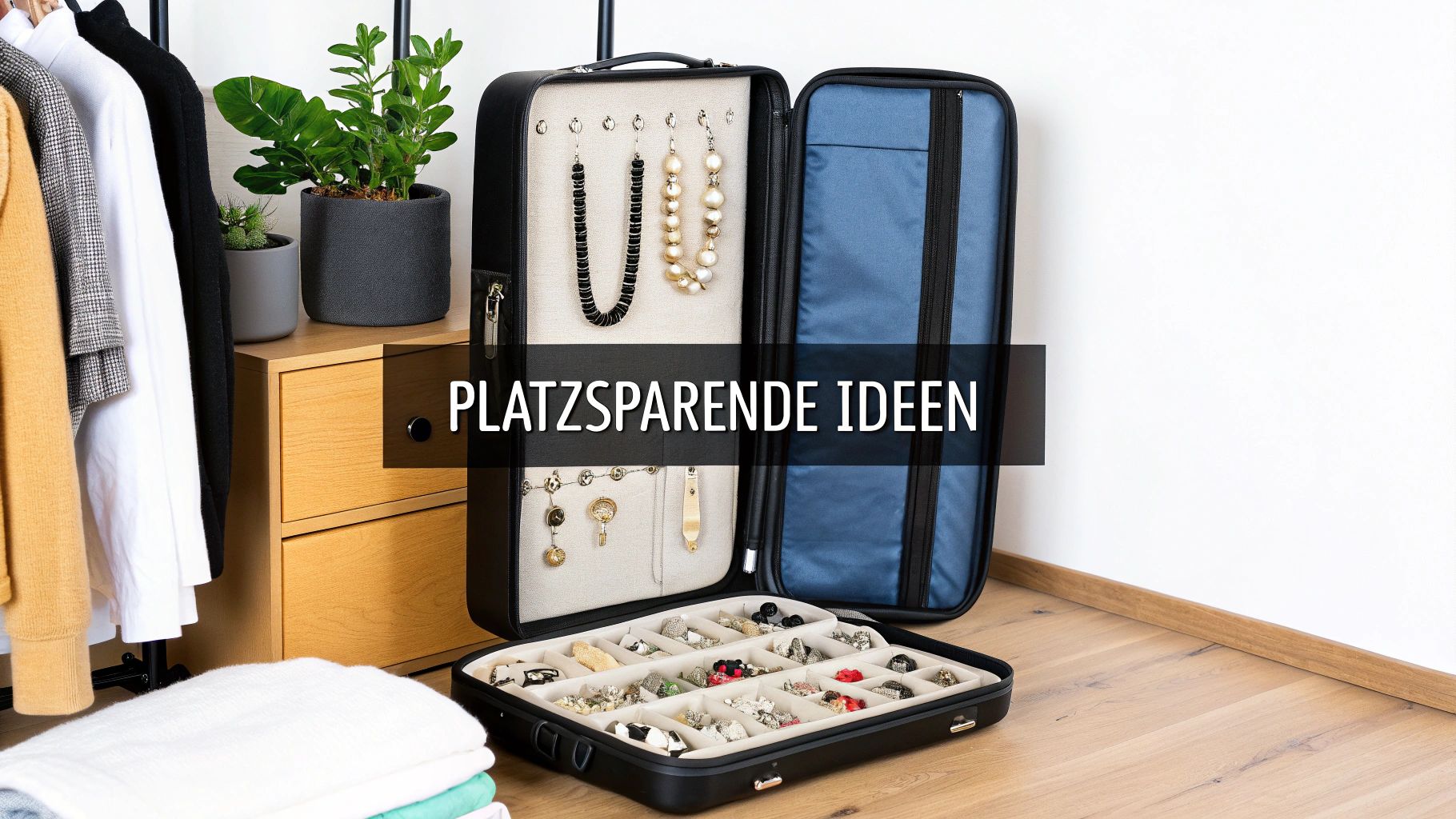 Ein offener Schmuckkoffer zeigt Halsketten, Ohrringe und Ringe, daneben Kleidung und Pflanzen. Platzsparende Ideen.