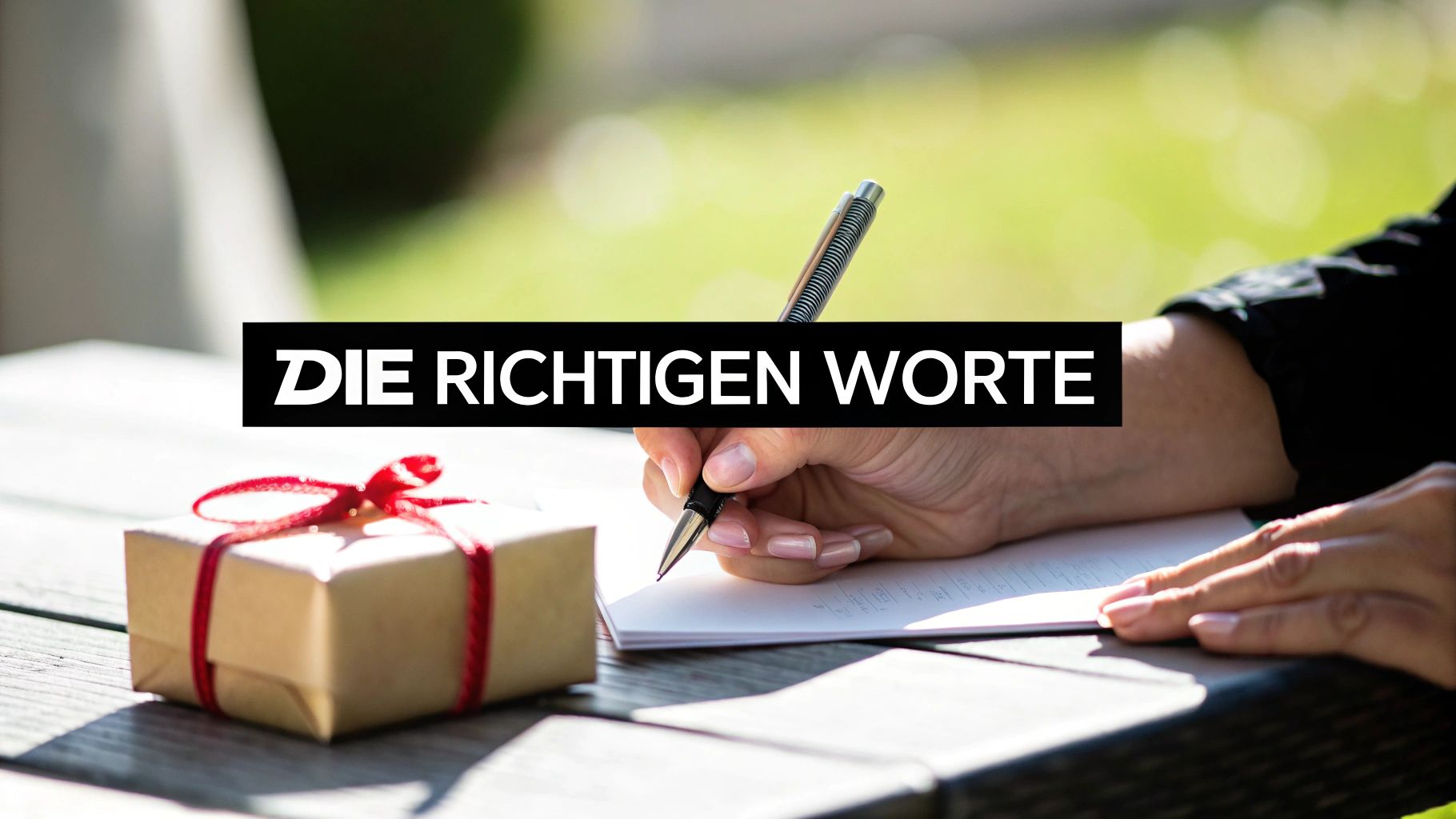 Eine Person schreibt mit einem Stift in ein Notizbuch, daneben liegt ein verpacktes Geschenk mit roter Schleife. Darüber steht „DIE RICHTIGEN WORTE“.