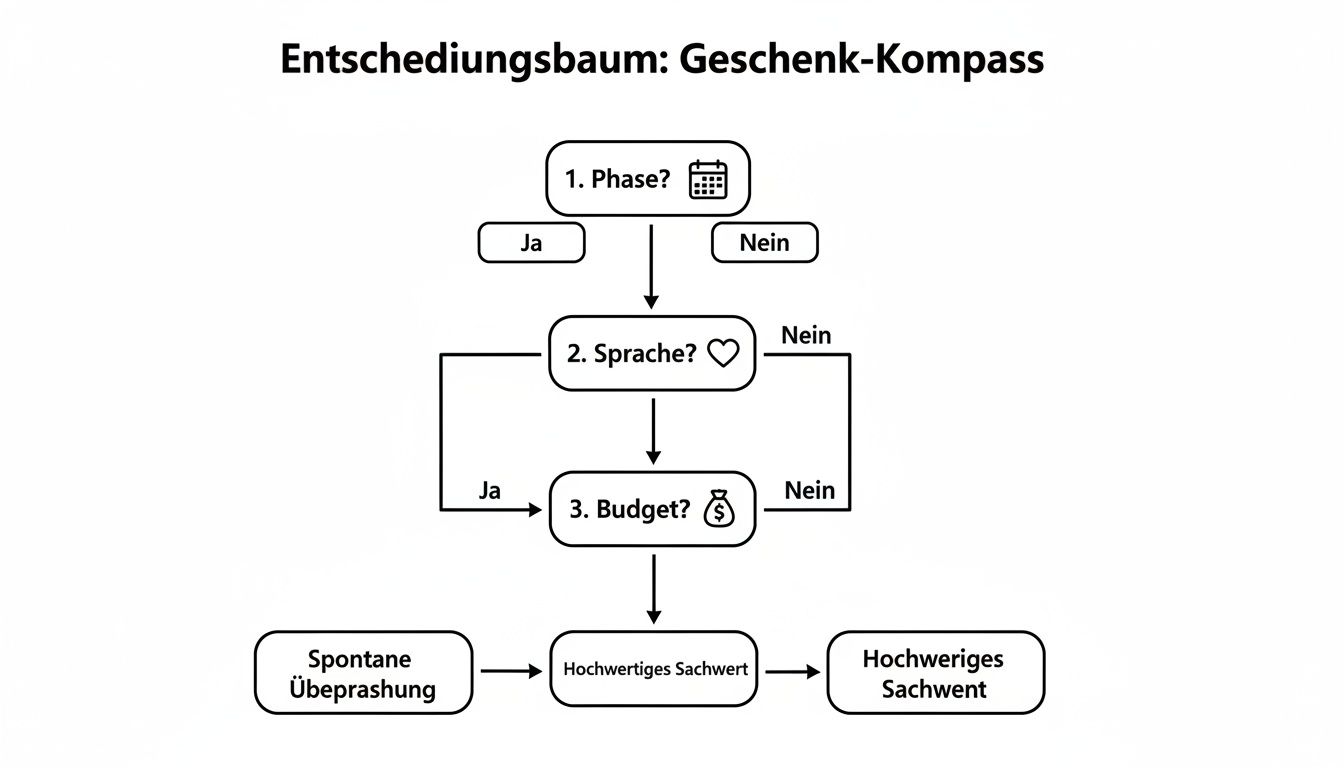 Un árbol de decisiones para ayudar a elegir el regalo adecuado, según la etapa, el idioma y el presupuesto.