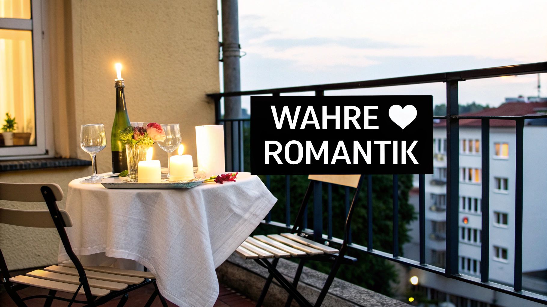 Romantisches Balkon-Dinner mit Kerzenlicht, Wein und Blumen, perfekt für einen besonderen Abend.