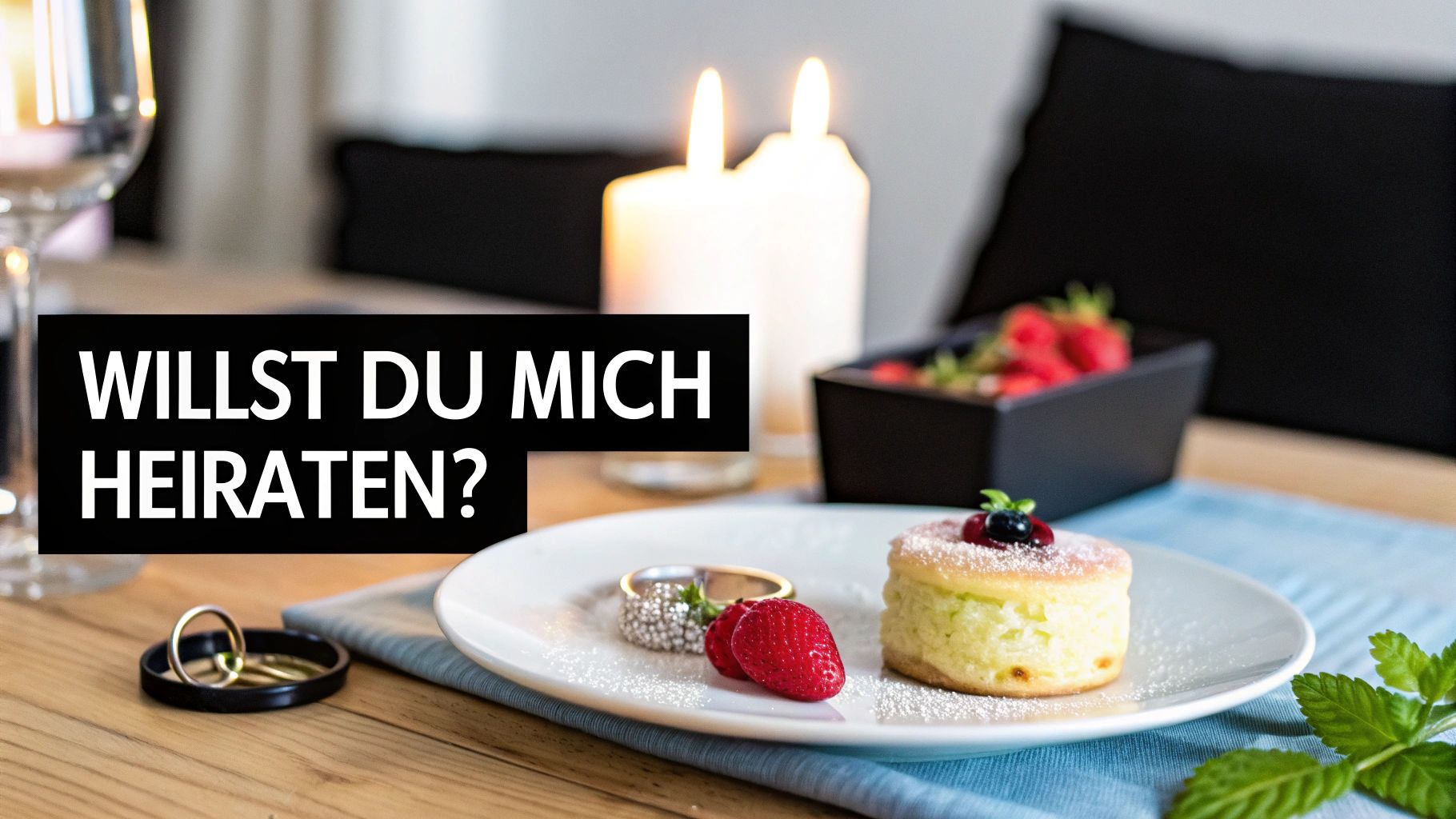 Una propuesta de matrimonio romántica en casa con velas, postre, anillos de compromiso y la pregunta: ¿Quieres casarte conmigo?