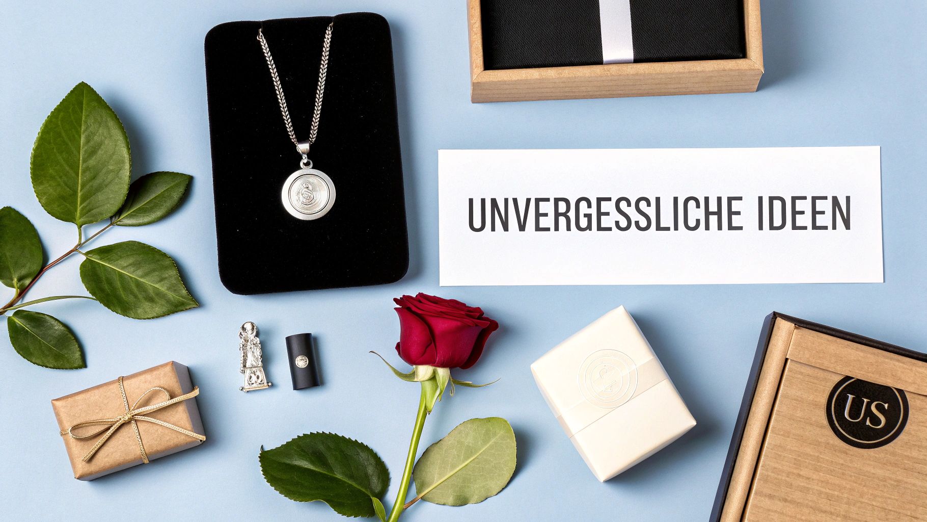 Eine Draufsicht zeigt diverse Geschenke wie eine silberne Halskette, eine rote Rose, verpackte Schachteln und eine Karte mit dem Text "UNVERGESSLICHE IDEEN".