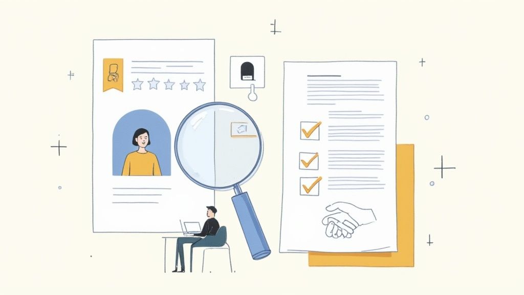 Professional reviewing candidate profile with magnifying glass and checklist document for hiring process evaluation