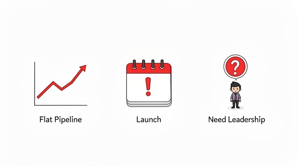 Three business icons illustrating a flat pipeline, launch, and the need for leadership.