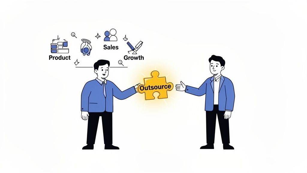 Two businessmen exchanging an 'Outsource' puzzle piece, symbolizing business function collaboration.