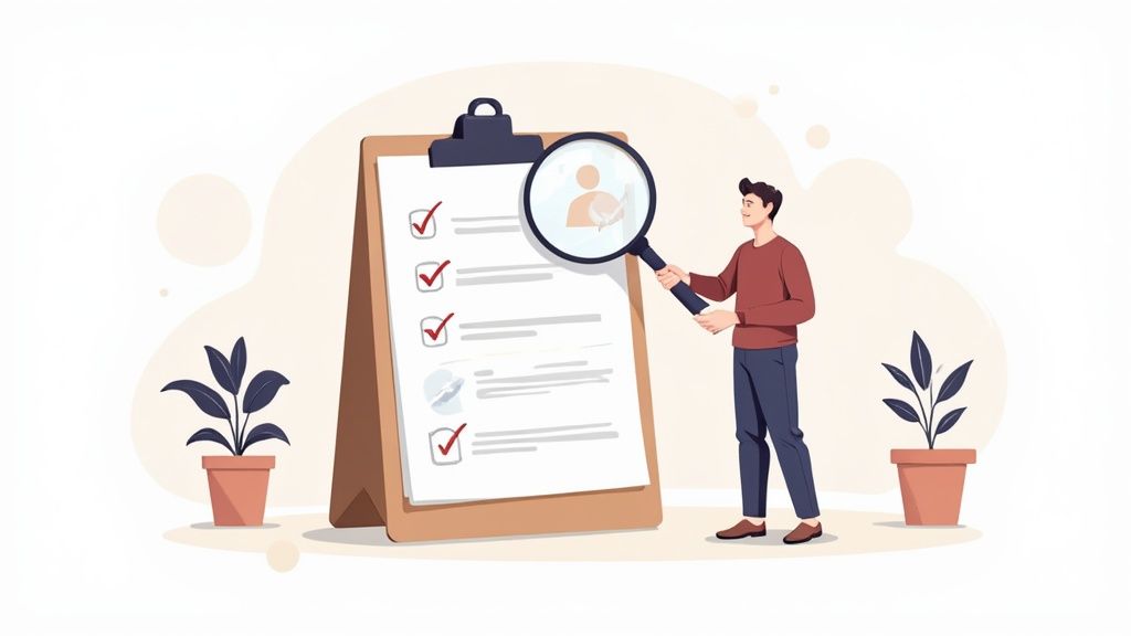 An illustration of a man reviewing a checklist on a clipboard with a magnifying glass, focusing on a profile icon.