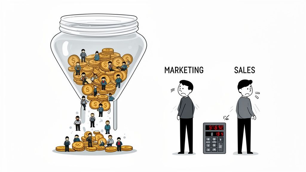 Cartoon illustrating a marketing funnel with people and coins flowing through, and stressed marketing and sales teams.