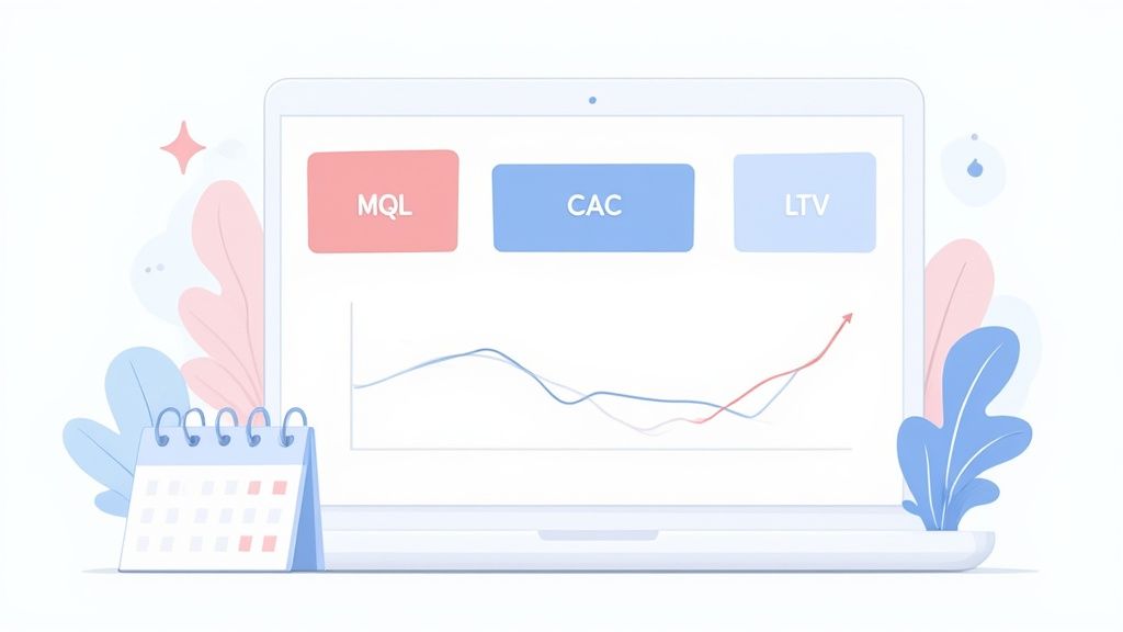 A laptop displays marketing metrics like MQL, CAC, LTV, and a growth chart, with a calendar.