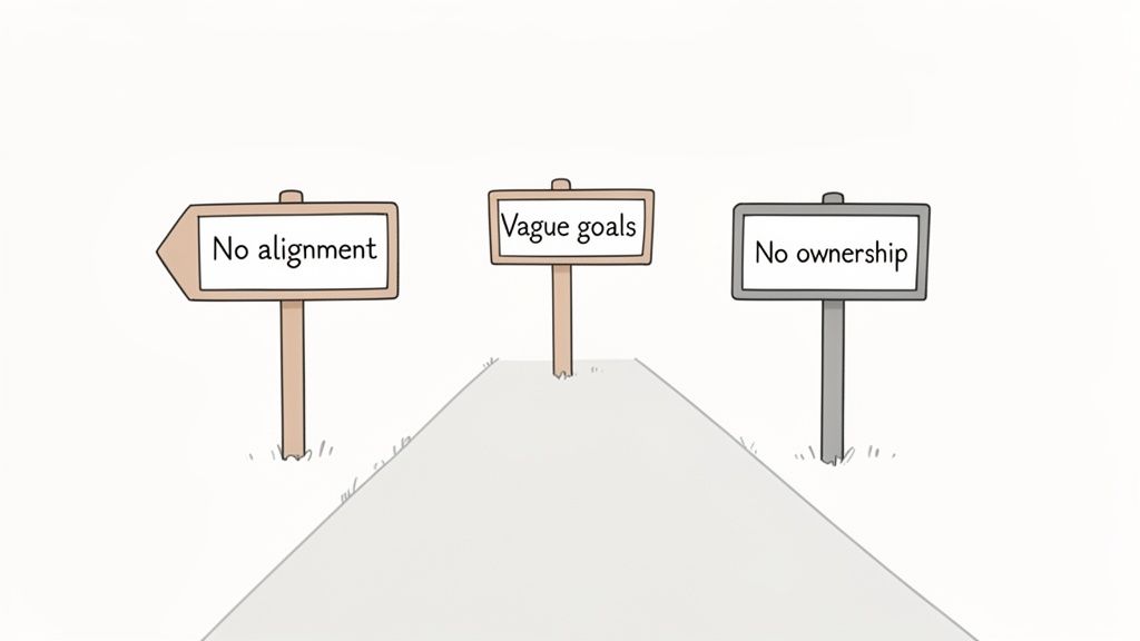 Three road signs on a path, reading 'No alignment,' 'Vague goals,' and 'No ownership,' representing common challenges.