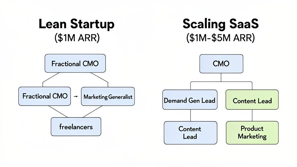 Two marketing organizational charts illustrating structures for a Lean Startup versus a Scaling SaaS company.