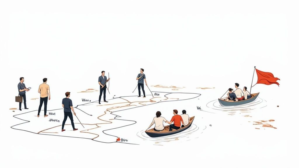 A team collaborating on a strategic plan using sticky notes on a glass wall, representing a B2B go-to-market strategy session.