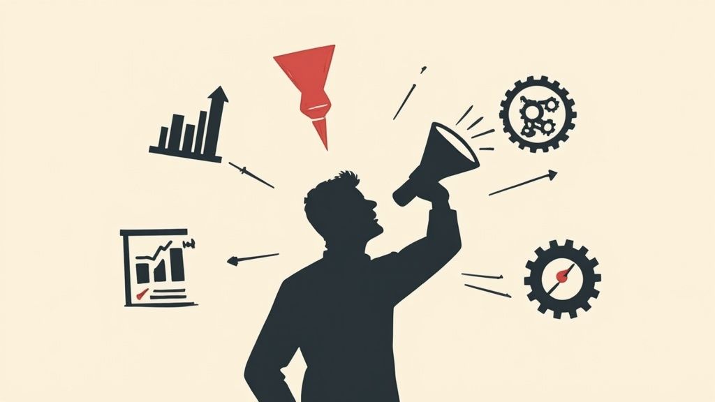 A person looking at a series of signs pointing in different directions, representing marketing uncertainty.