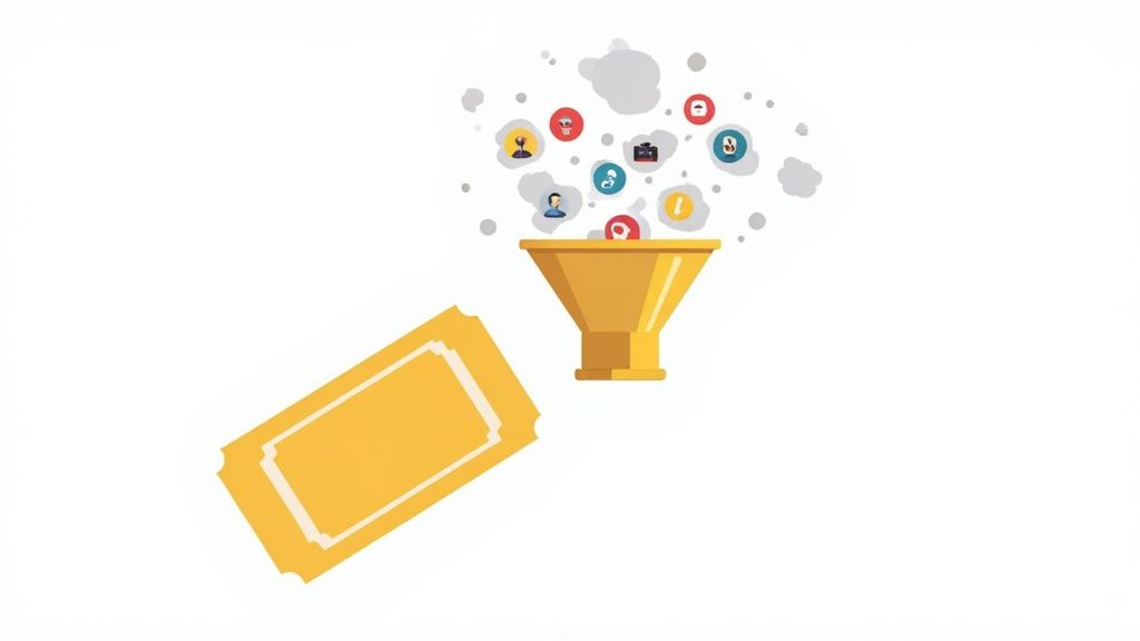 Marketing funnel filtering diverse customer profiles and data icons into qualified leads illustration