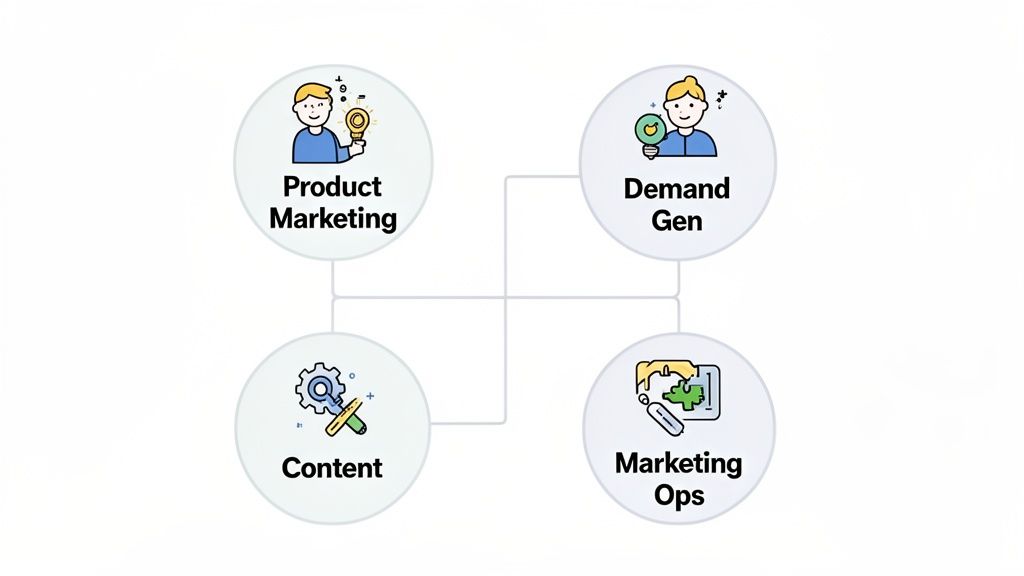 Diagram illustrating the interconnected functions of Product Marketing, Demand Gen, Content, and Marketing Ops.