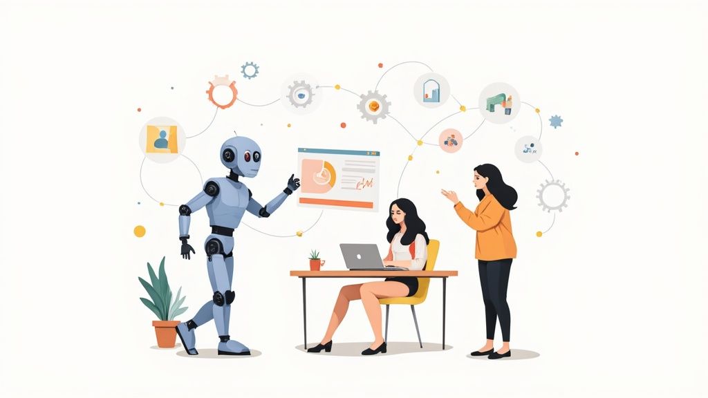 An image showing a futuristic dashboard with AI and automation icons connected to marketing data points.