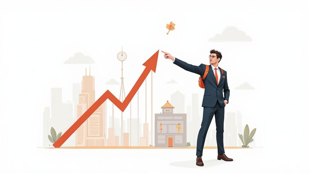 Illustration of a businessman pointing to an upward trending graph over a city skyline.
